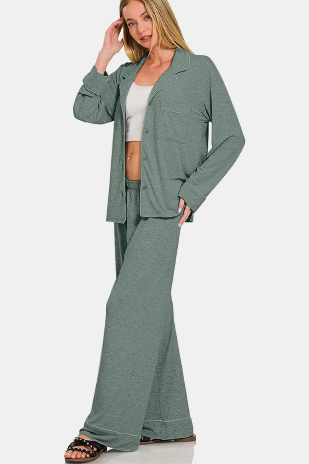 Conjunto de salón de blusa de manga larga con botones y pantalones Zenana Imagen secundaria del producto